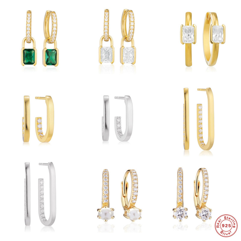 S925 Sterling Silver Circle Inlaid Diamond Hoop Earrings U-Shaped Elegant Earrings Studs European and American Style Exaggerated INS Style Earrings