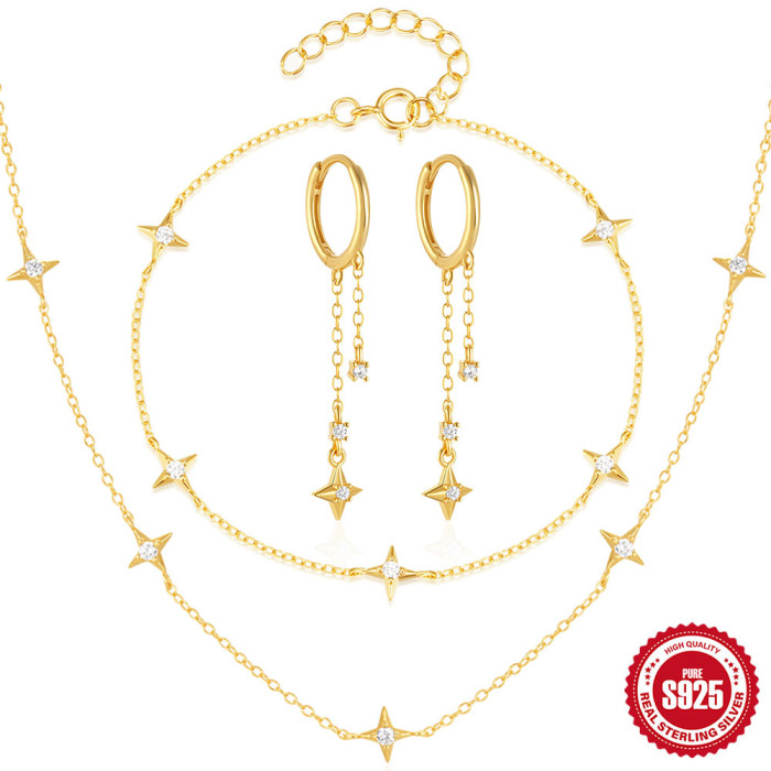 New S925 Sterling Silver Stone-Inlaid Star Bracelet Necklace Earrings Set Four-Pointed Star Niche Design Jewelry Set