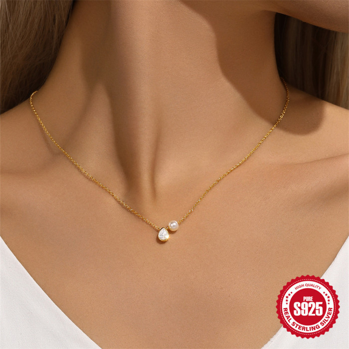 S925 Sterling Silver Classic Water Drop Inlaid Diamond Pearl Versatile Collarbone Chain Hot-Selling Elegant INS Style...