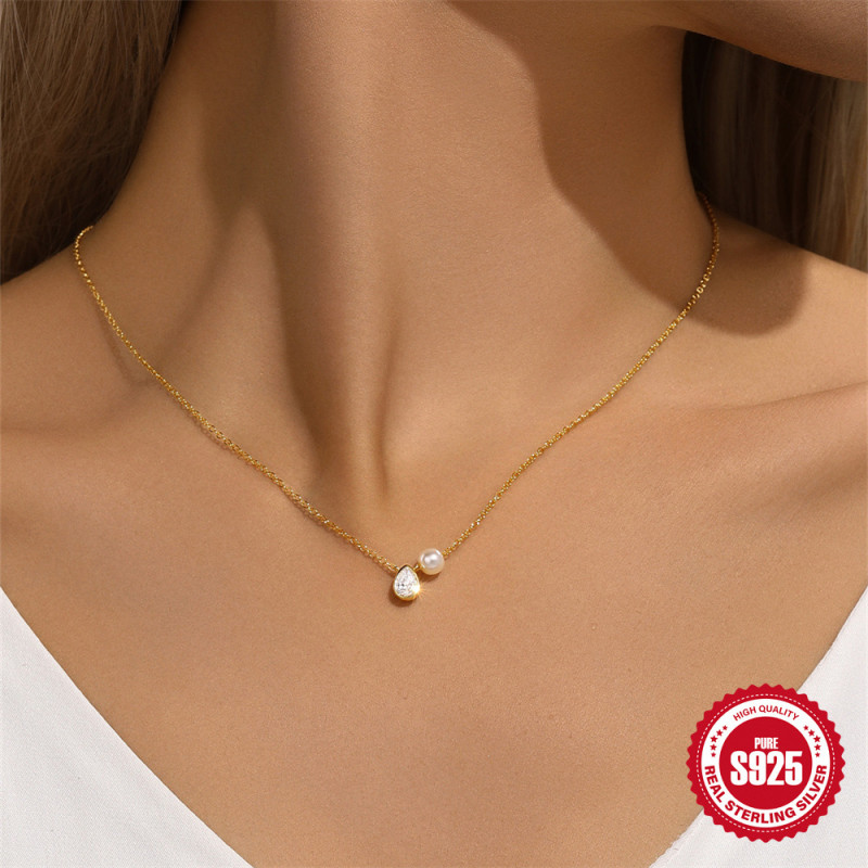 S925 Sterling Silver Classic Water Drop Inlaid Diamond Pearl Versatile Collarbone Chain European and American Cross-Border Hot-Selling Elegant INS Style Necklace