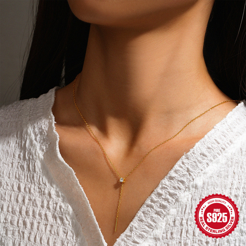 925 Sterling Silver Single Diamond Y-shaped Sliding Collarbone Necklace Korean Style Internet Celebrity Hot-selling Niche Design Necklace for Women