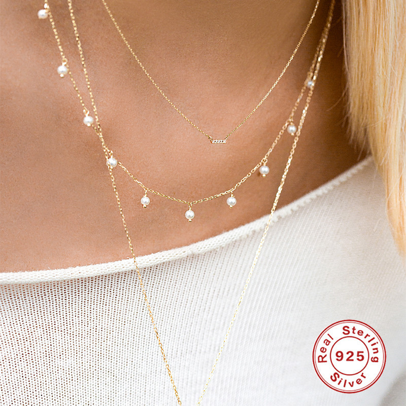S925 Sterling Silver Design Imitation Pearl Necklace for Women European and American French Style Retro Fashion Versatile Thin Chain Collarbone Chain