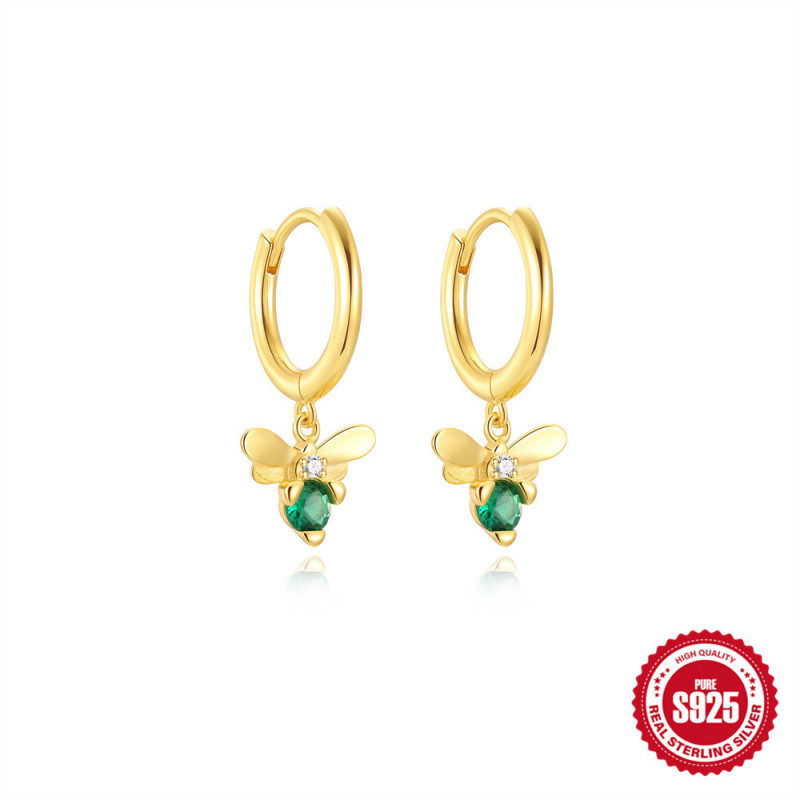 New S925 Sterling Silver Fun Bee Inlaid Green Diamond Hoop Earrings European and American Cross-Border Hot-Selling Personality INS Style Earrings