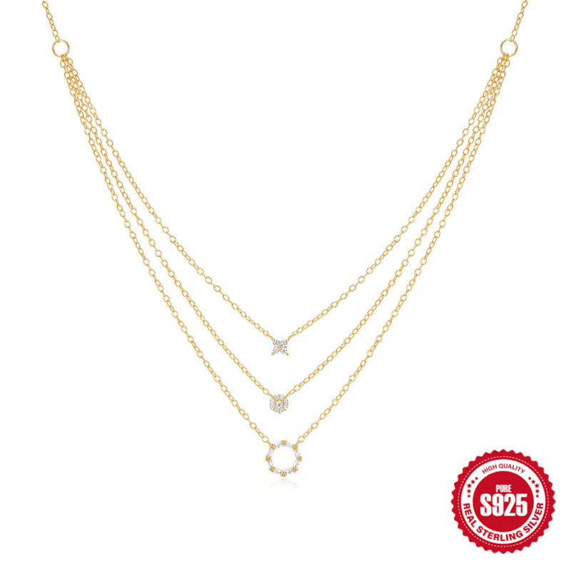 S925 Sterling Silver Geometric Round Diamond-Inlaid Three-Layer Stacked Collarbone Chain European and American Hot-Selling Light Luxury Elegant Versatile Necklace for Women