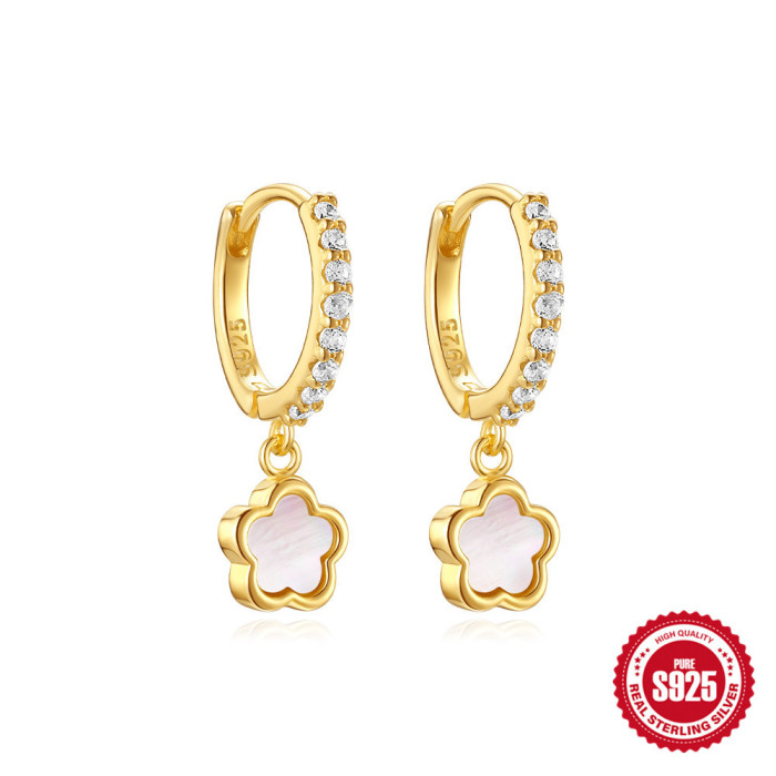 New S925 Sterling Silver Luxurious Diamond-Encrusted White Shell Petal Hoop Earrings European and American Hot-Selling Elegant Pearl Earrings