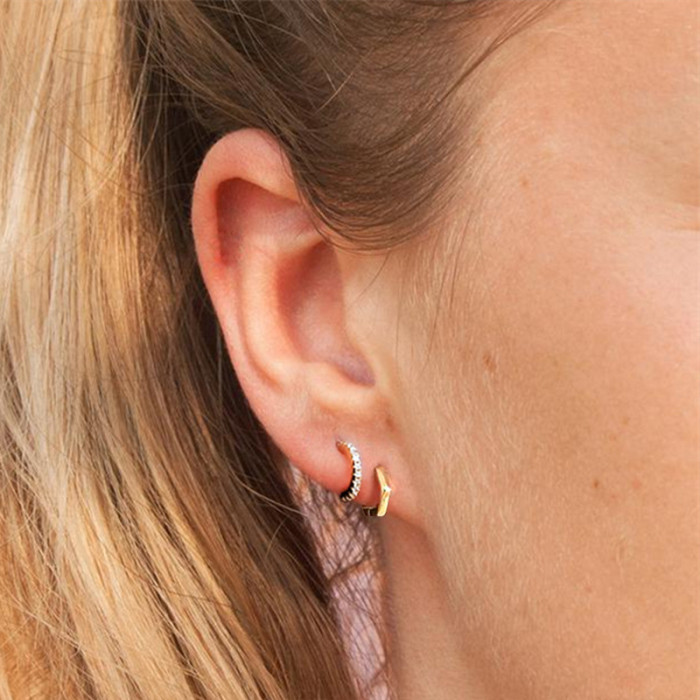S925 Sterling Silver Row Stone Single Ear Clip Earrings Simple Elegant C-shaped Stone-Inlaid Non-pierced Women's...