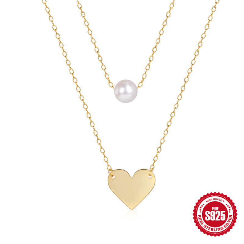 S925 Sterling Silver Double Layer Stacked Pearl Heart Necklace Internet Celebrity Hot Sale Same Style Elegant Niche High-end Clavicle Chain