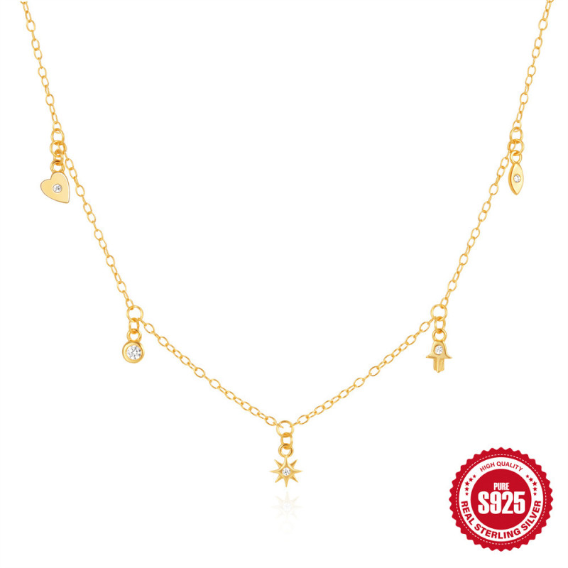 S925 Sterling Silver Geometric Octagonal Star Layered Diamond-Studded Collarbone Necklace European and American Hot-Selling Classic Devil's Eye Necklace for Women