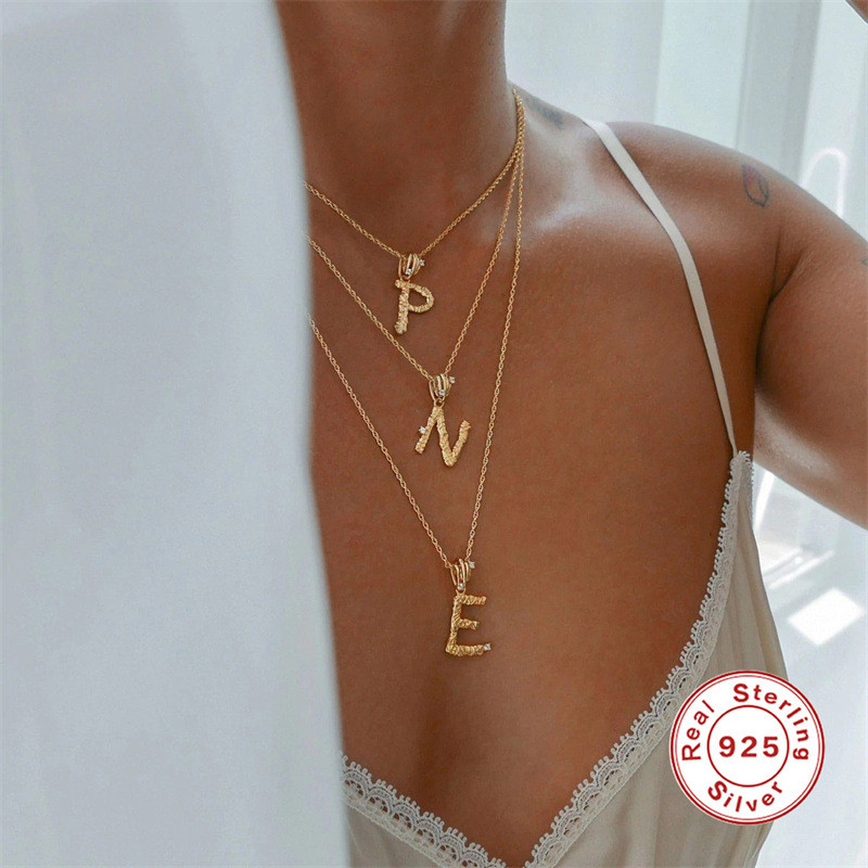 S925 Sterling Silver Irregular Texture 26 Letter Inlaid Diamond Initial Collarbone Necklace European and American Cross-Border French Retro Necklace