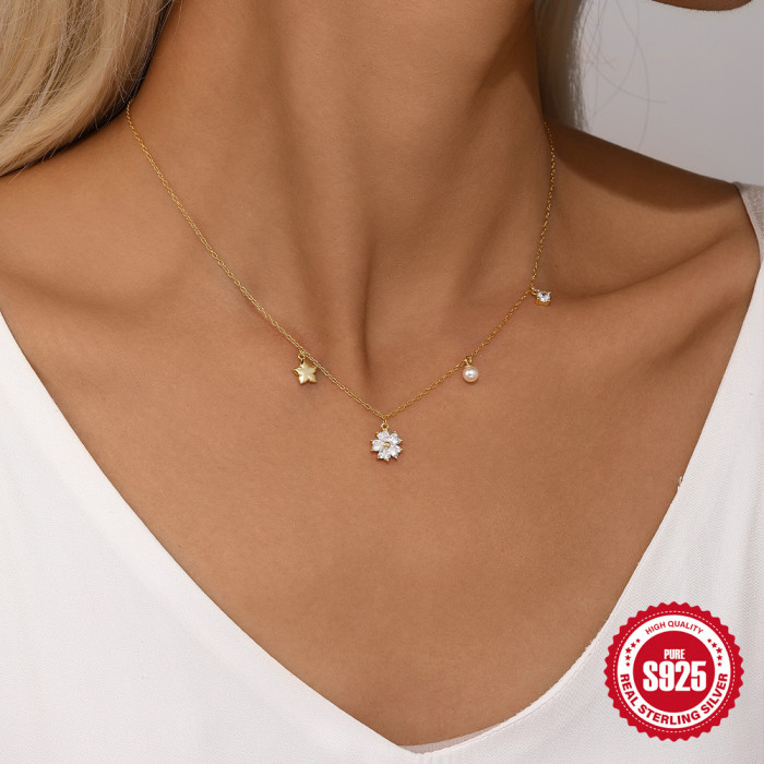 S925 Sterling Silver Classic Five-Pointed Star Pearl Zircon Diverse Necklace Jewelry European and American Hot Selling INS Petal Necklace