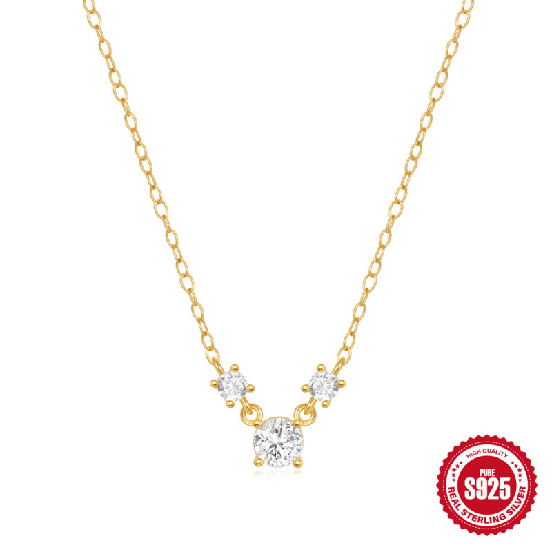 Hot Selling S925 Sterling Silver Cluster Triple Diamond Light Luxury Elegant Collarbone Chain European and American Cross-Border Hot Selling Classic Necklace for Women
