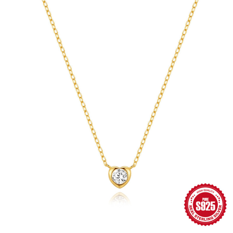 S925 Sterling Silver Niche Design Heart Round Zircon Necklace Accessory Korean Style Internet Celebrity Hot-Selling High-End Elegant Collarbone Chain