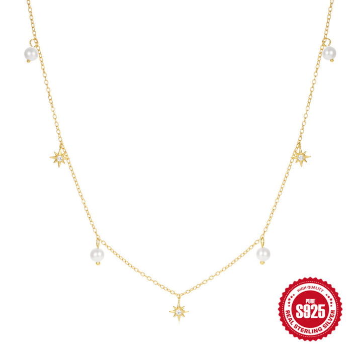 New S925 Sterling Silver Shell Pearl Eight-Pointed Star Pendant Clavicle Chain Necklace Jewelry European and American Hot Selling Diamond-Studded Elegant Necklace for Women
