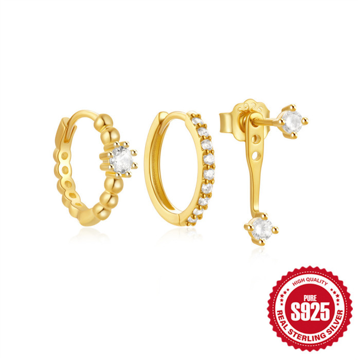 S925 Sterling Silver Daily Matching Stone-Encrusted Irregular Hoop Earrings Set Women's Hot-Selling Classic Stud Ea...