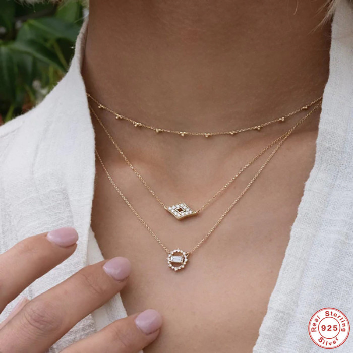 S925 Sterling Silver Ring-Shaped Diamond Rectangular Layered Collarbone Chain European and American French Style Super Sparkling Inlaid Diamond Elegant Necklace for Women