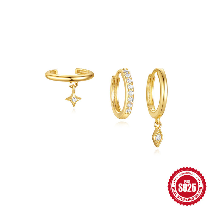S925 Sterling Silver Rhombus Stone-Inlaid Trendy Hoop Earrings Set Amazon Hot Sale Enamel Elegant Eight-Pointed Sta...