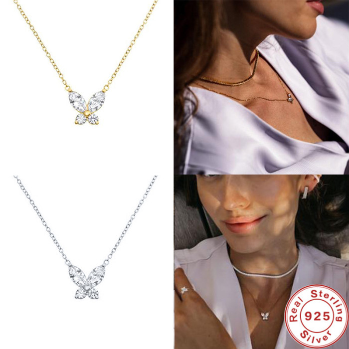 S925 Sterling Silver INS Style Mini Inlaid Diamond Versatile Butterfly Pendant Necklace Korean Version Elegant Internet Celebrity Collarbone Chain