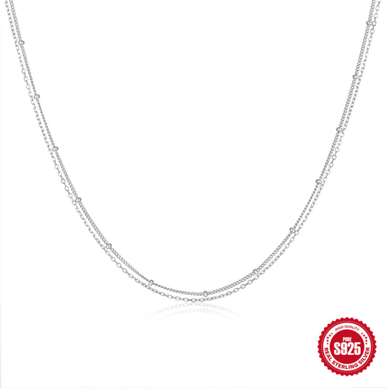 S925 Sterling Silver Daily Matching Double Layer Stacking Basic Chain European and American Fashion Simple Ins Style Bead Necklace Cross-Border