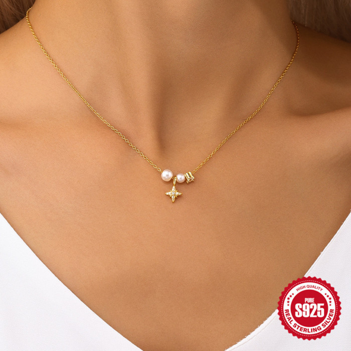 S925 Sterling Silver Exquisite Pearl Elegant Eight-Pointed Star High-End Clavicle Chain European and American Hot-Selling Diamond-Studded Design Necklace