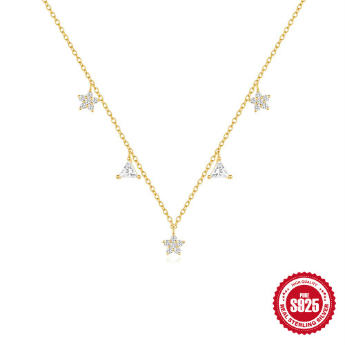 S925 Sterling Silver Triangle Geometric Flower Inlaid Diamond Layered Collarbone Necklace European and American Hot Selling INS Niche Light Luxury Necklace