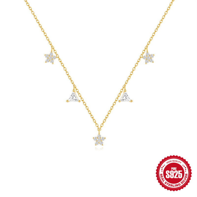 S925 Sterling Silver Triangle Geometric Flower Inlaid Diamond Layered Collarbone Necklace European and American Hot Selling INS Niche Light Luxury Necklace