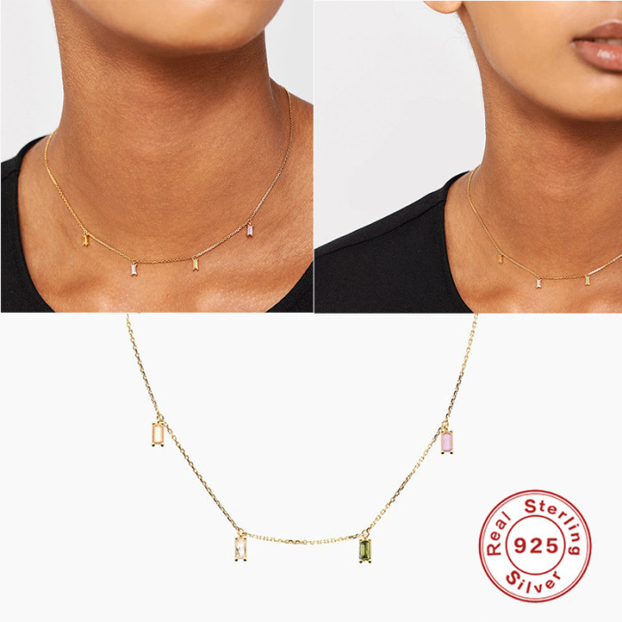 S925 Sterling Silver Simple Colorful Square Inlaid Diamond Layered Collarbone Chain European and American Cross-Border Elegant INS Necklace Jewelry