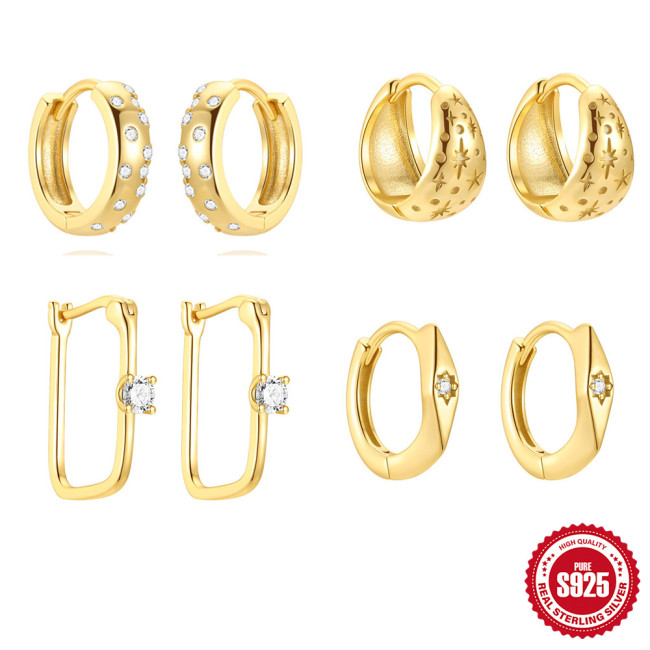 S925 Sterling Silver Geometric Wide Surface Stone-Inlaid Star Hoop Earrings Ear Clips Earrings Hot Selling INS Tren...
