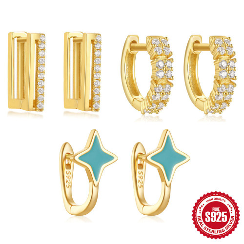 S925 Sterling Silver Four-Pointed Star Oil Drop Imitation Enamel Hoop Earrings European and American Hot Selling Light Luxury Petal Inlaid Diamond Ear Clips Ear Jewelry