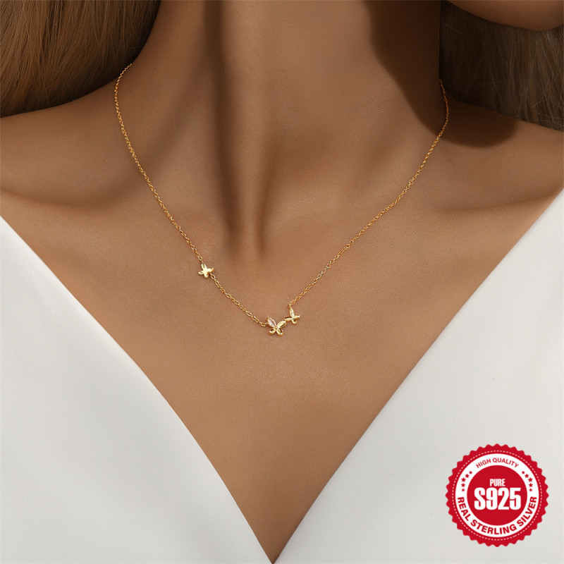 S925 Sterling Silver Creative Butterfly Inlaid Diamond Light Luxury Elegant Collarbone Necklace Korean Version Niche High-end Design Sense Necklace for Women