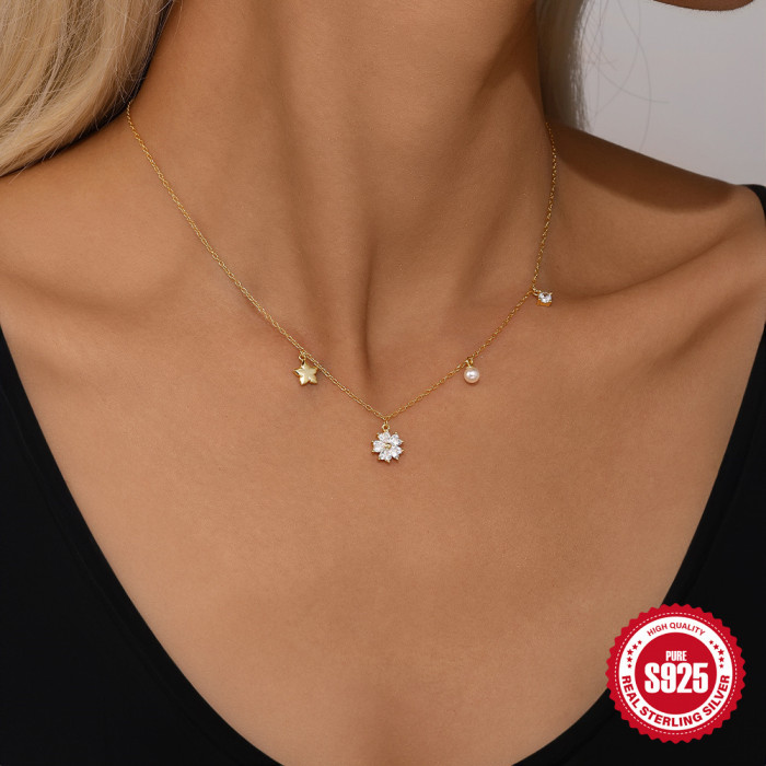 S925 Sterling Silver Classic Five-Pointed Star Pearl Zircon Diverse Necklace Jewelry European and American Hot Selling INS Petal Necklace