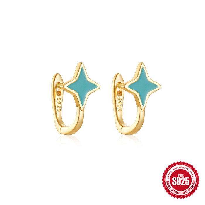 S925 Sterling Silver Four-Pointed Star Oil Drop Imitation Enamel Hoop Earrings Hot Selling Light Luxury Petal Inlaid...