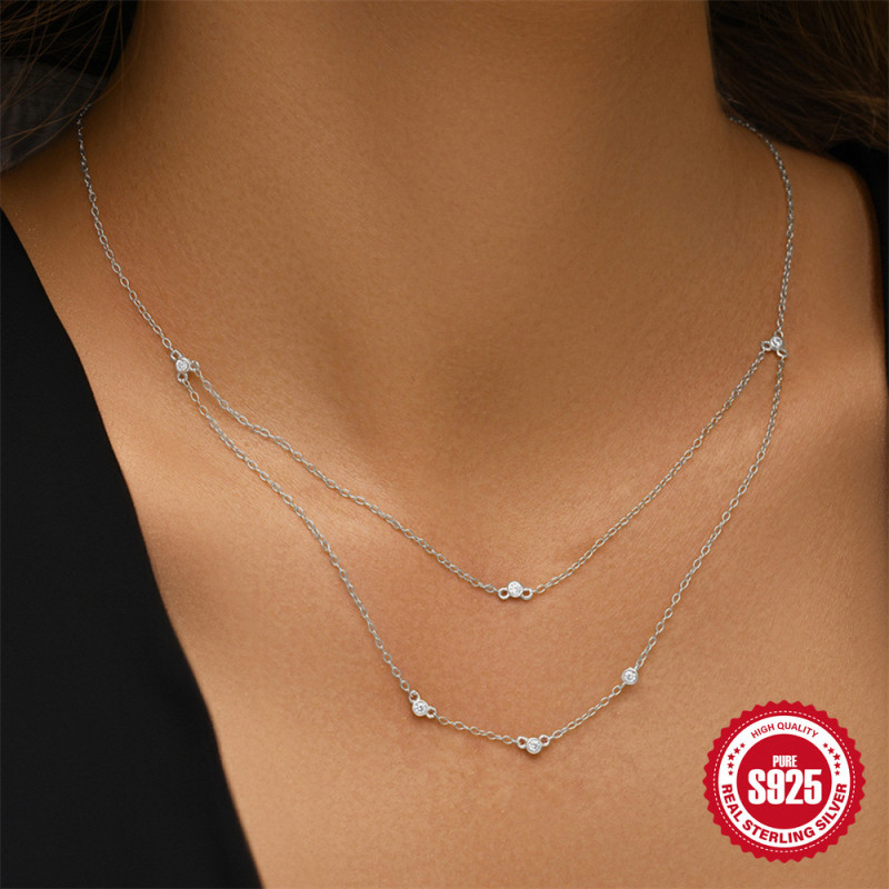 S925 Sterling Silver Double Layer Stacked Zircon Versatile Trendy Ins Collarbone Chain European and American Hot Selling French Style Elegant Necklace