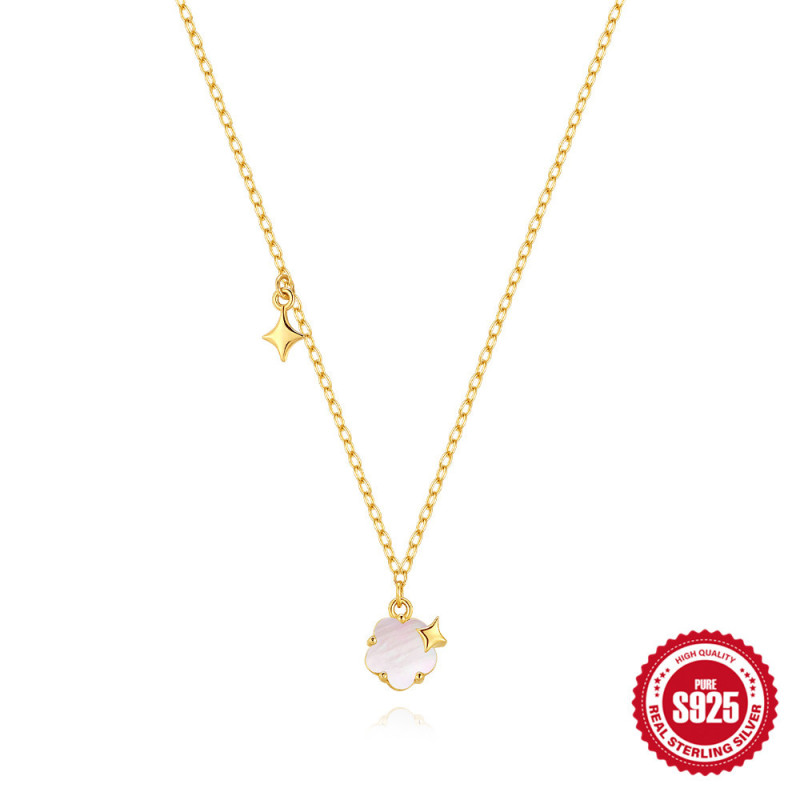 New S925 Sterling Silver Five-Petal Flower White Shell Starry Sky Claw Inlaid Elegant Necklace Korean and Japanese Niche Design Sense Collarbone Chain for Women
