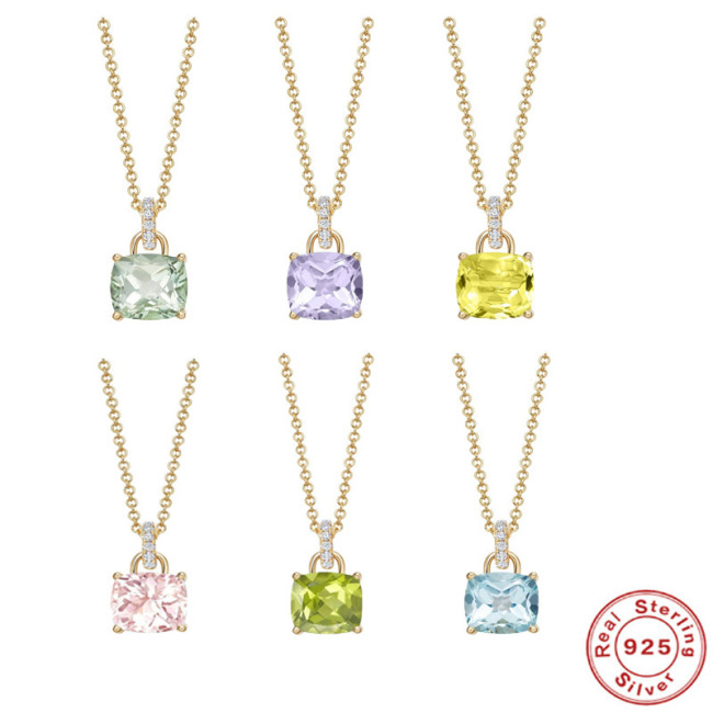 S925 Sterling Silver CZ Colorful Diamond Square Pendant Collarbone Necklace Korean Style Elegant Light Luxury Daily Office Worker Matching Jewelry