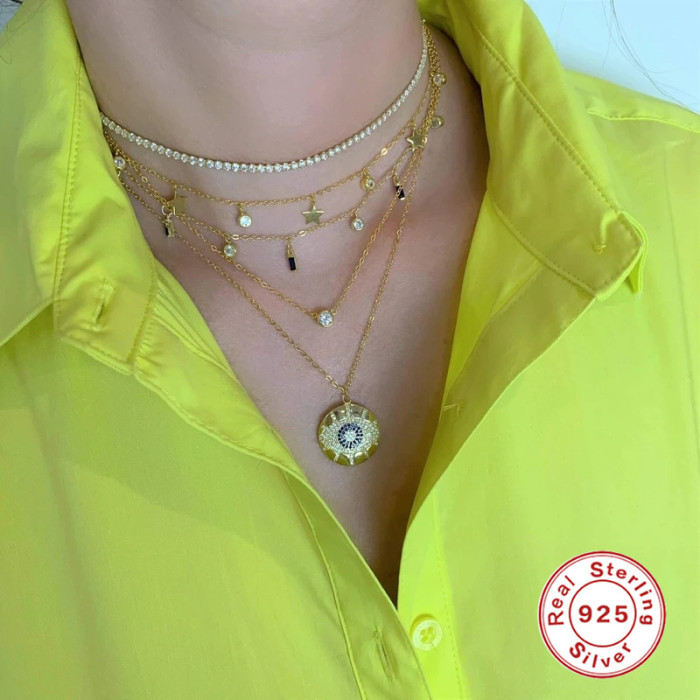 S925 Sterling Silver New Five-Pointed Star Inlaid Diamond Pendant Collarbone Necklace Korean and Japanese Style Elegant Personality K-Gold Plated Light Luxury Necklace