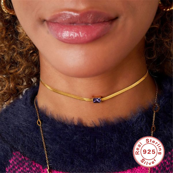 S925 Sterling Silver Choker Flat Snake Necklace Hot Selling Fashion Versatile INS Style Stone-Studded Collarbone Ne...