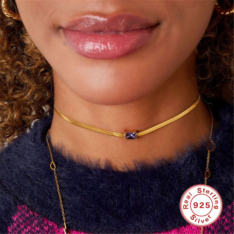 S925 Sterling Silver Choker Flat Snake Necklace European and American Hot Selling Fashion Versatile INS Style Diamond-Studded Collarbone Necklace Accessories