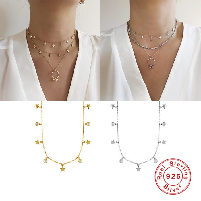 S925 Sterling Silver Star Single Diamond Layered Collarbone Chain Korean Fashion Design INS Light Luxury High-end Necklace