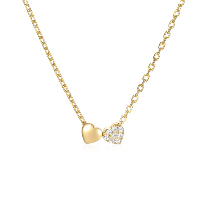 S925 Sterling Silver Fashion Double Heart Necklace European and American Hot Selling Ins Style Collarbone Necklace Women's Diamond-Encrusted Heart Collarbone Chain
