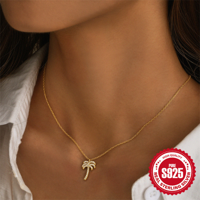 S925 Sterling Silver Creative Coconut Tree Inlaid Diamond Pendant Necklace European and American Cross-Border Hot Selling Light Luxury Design Versatile Collarbone Chain