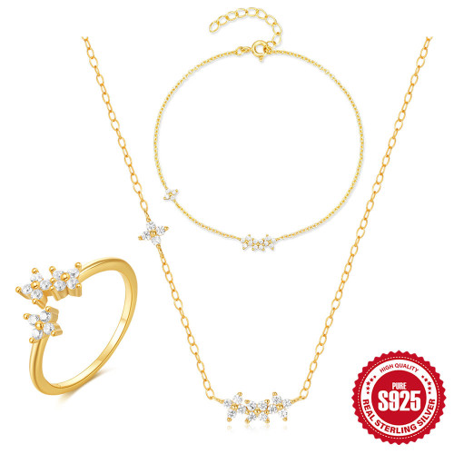 925 Sterling Silver INS Style Diamond-Studded Petal Versatile Bracelet Necklace Ring Jewelry Set European and American Hot-Selling Elegant Accessories