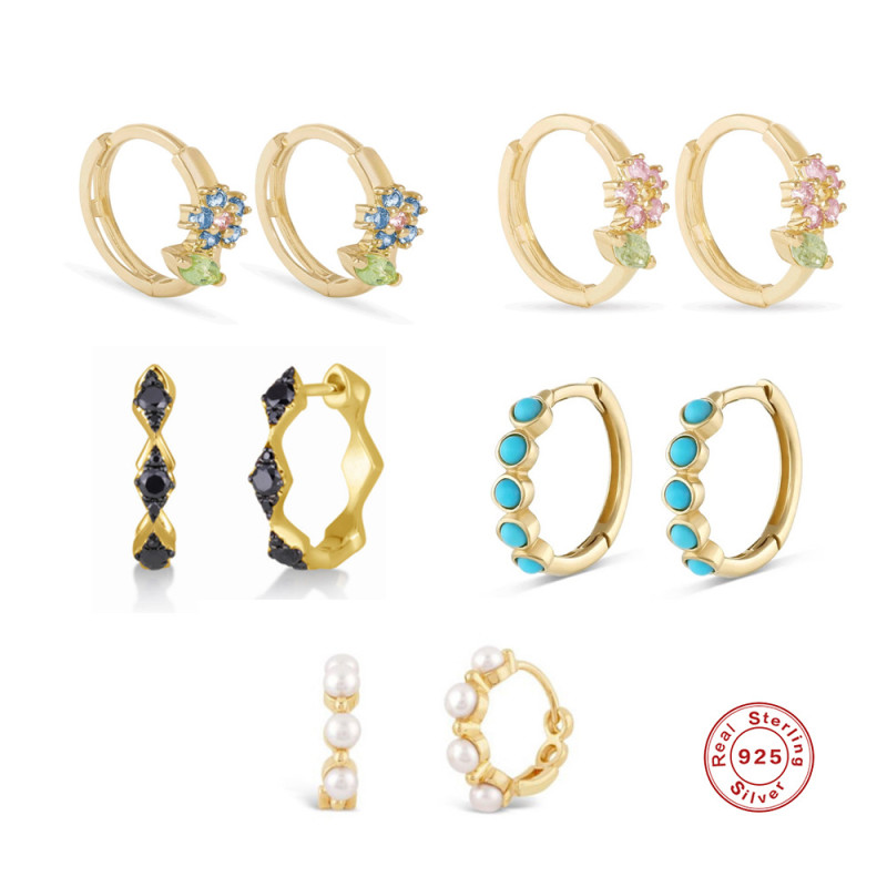 S925 Sterling Silver Geometric Prismatic Turquoise Diamond-encrusted Flower Embrace Earrings Ear Hoop Ear Buckle High-end Pearl Ear Jewelry for Women