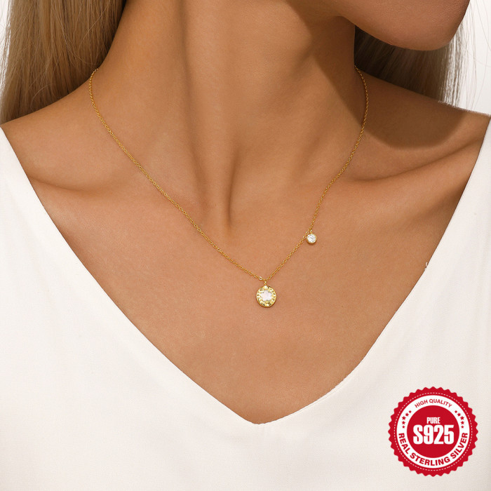 New 925 Sterling Silver Five-Petal Flower White Shell Ins Style Necklace Korean Version Simple Elegant Stone-Encrus...