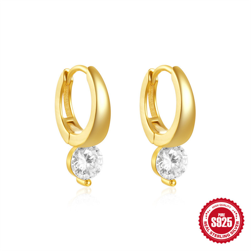 S925 Sterling Silver Round Zircon Earrings for Women Fashionable Versatile Elegant Light Luxury Style High-end Ear Piercing Ear Clips Ear Jewelry