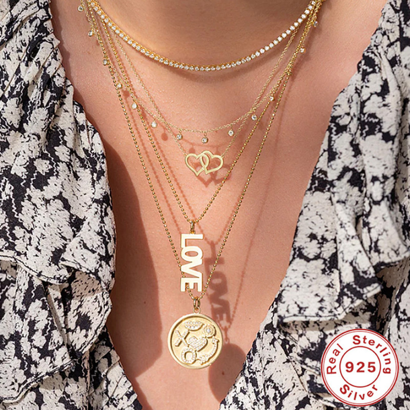 S925 Sterling Silver Heart-to-Heart Double Heart Necklace Holiday Gift Korean Style Elegant Personality Niche High-End Clavicle Necklace