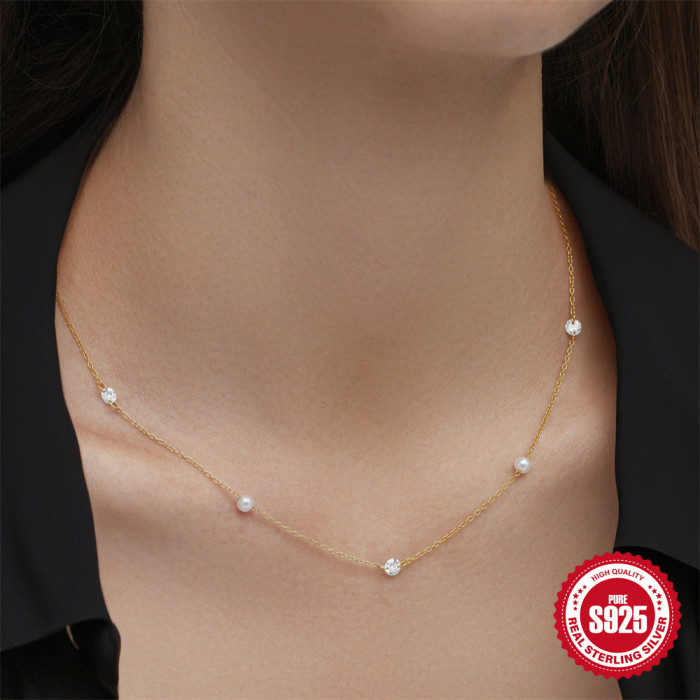 New S925 Sterling Silver Ins Style Pearl Inlaid Diamond Collarbone Chain for Women Korean Version Elegant Niche Design Matching Collarbone Chain