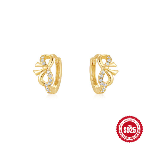 S925 Sterling Silver Bowknot Inlaid Zircon Hoop Earrings Ear Clips Fashion Simple Ins Style 8-shaped Earrings for Women