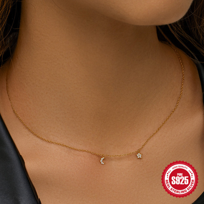 S925 Sterling Silver Five-Pointed Star Moon Double Element Versatile Collarbone Necklace European and American Hot-Selling Elegant Diamond-Studded High-End Necklace