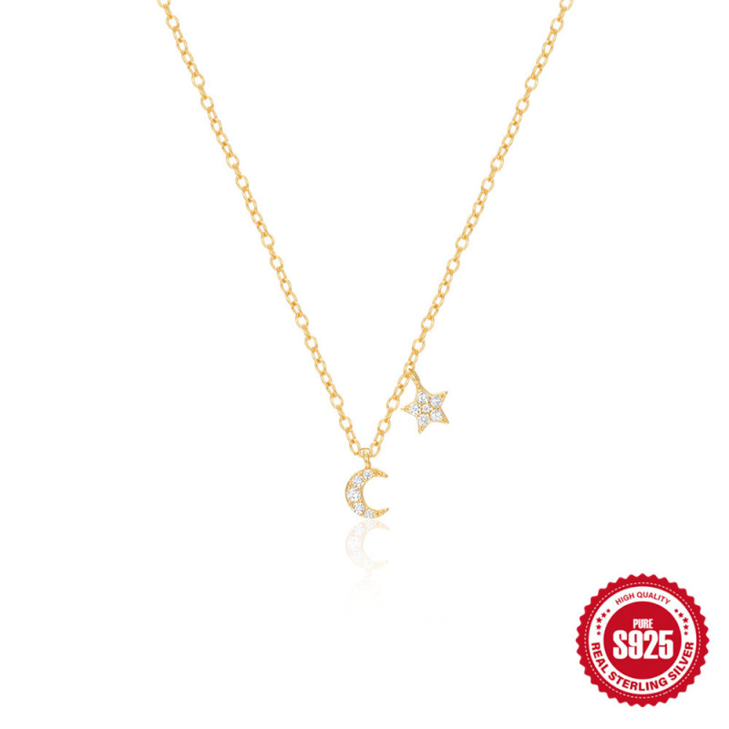 S925 Sterling Silver Five-Pointed Star Moon Double Element Versatile Collarbone Necklace European and American Hot-Selling Elegant Diamond-Studded High-End Necklace