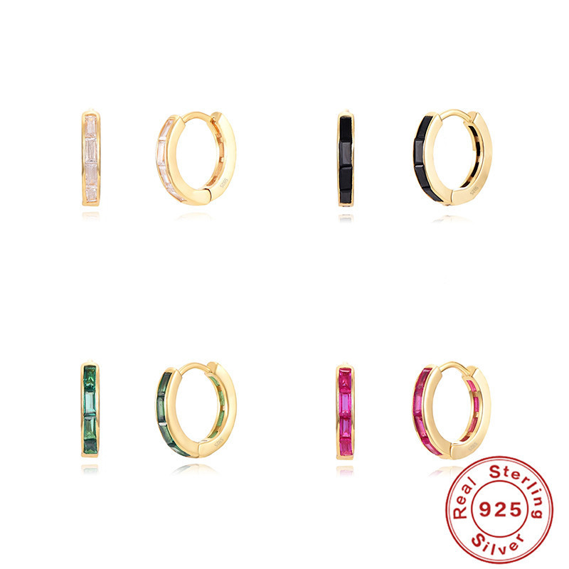 S925 Sterling Silver Earrings Square Colorful Diamond Metal Style Ear Cuff Hoop European and American Cross-Border Hot-Selling High-End Earrings for Women